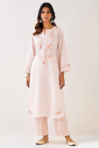 light pink cotton jacquard embroidered kurta set