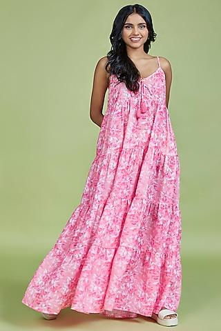 light pink cotton linen floral printed flared maxi dress