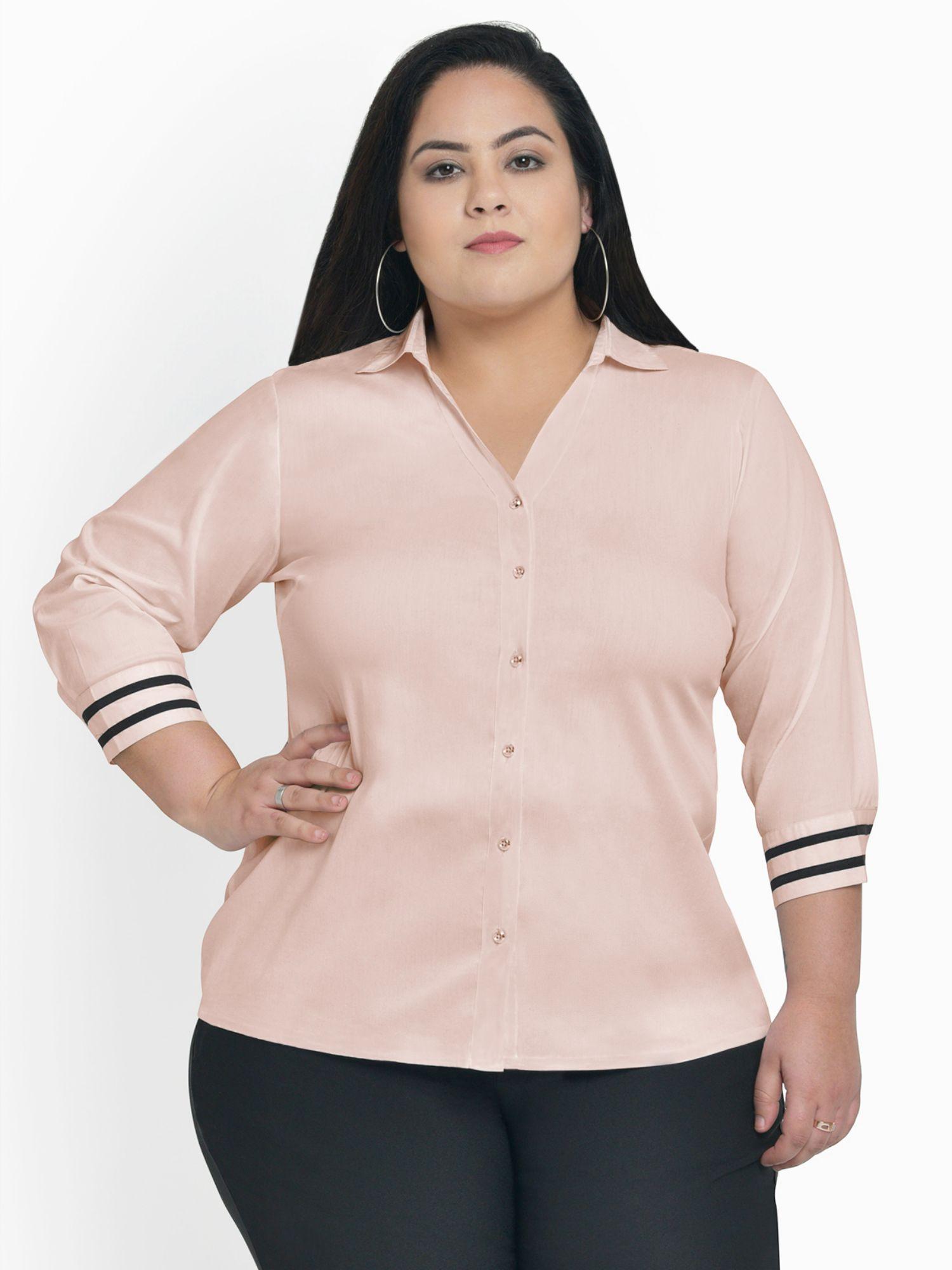 light pink curve plus size v neck collar shirt