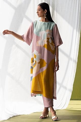 light pink dupion silk floral abstract printed straight kurta set
