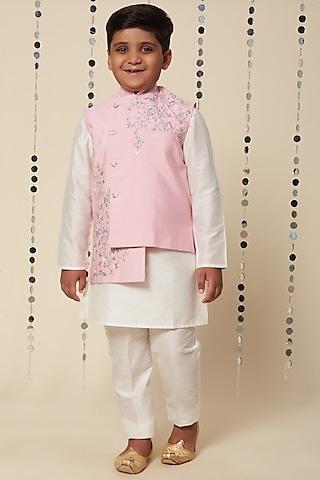 light pink embroidered bundi jacket with kurta set for boys