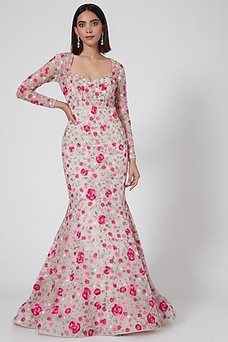 light pink floral embroidered fishtail gown