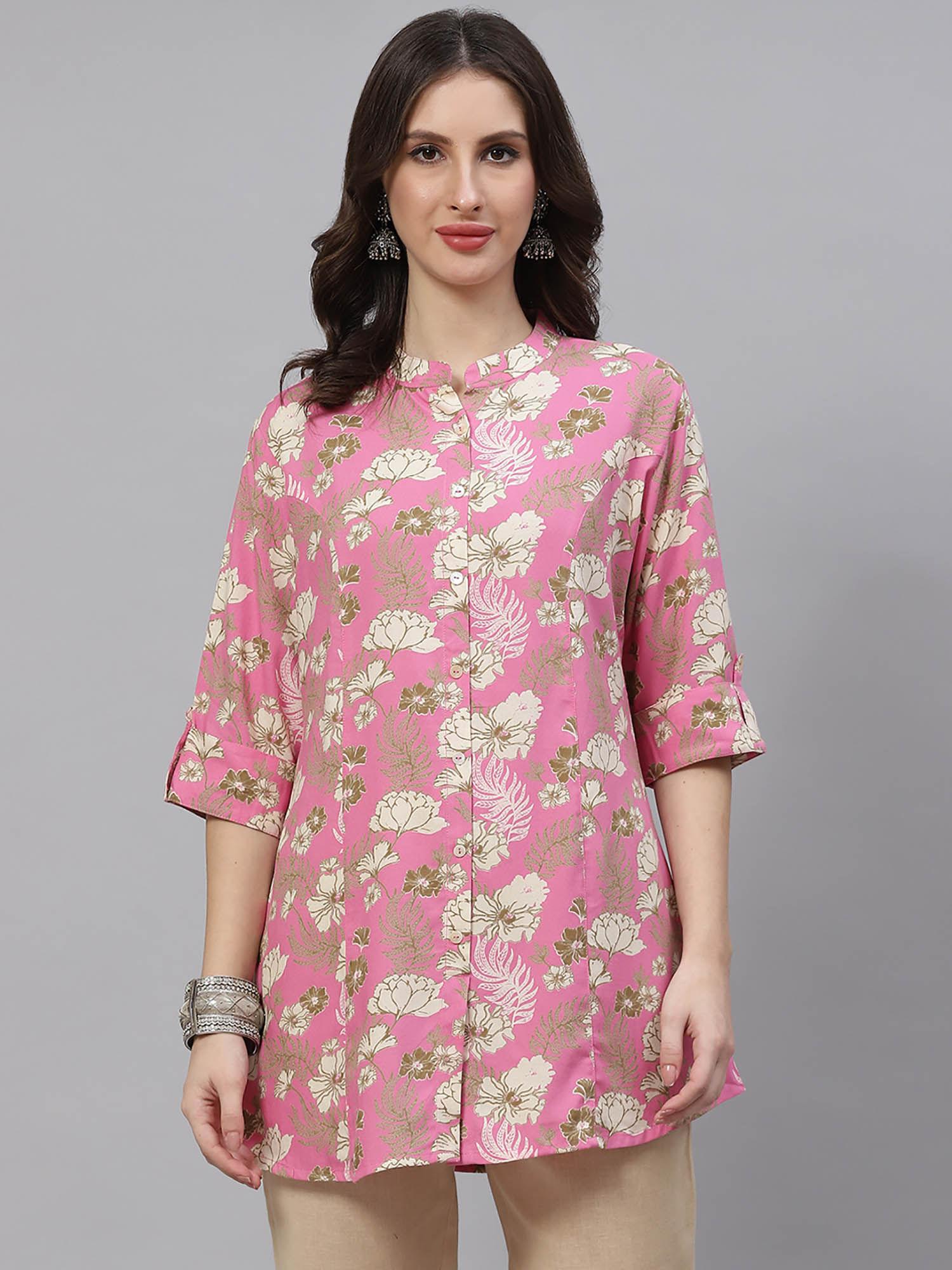 light pink floral rayon a-line shirts style top