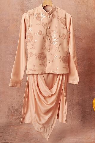 light pink georgette bundi jacket with kurta set for boys