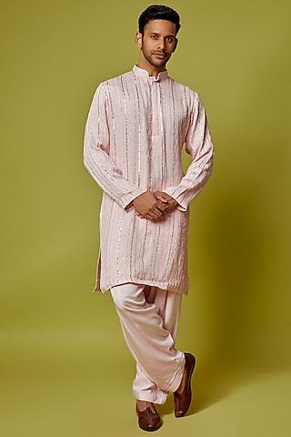 light pink georgette stripe embroidered kurta set