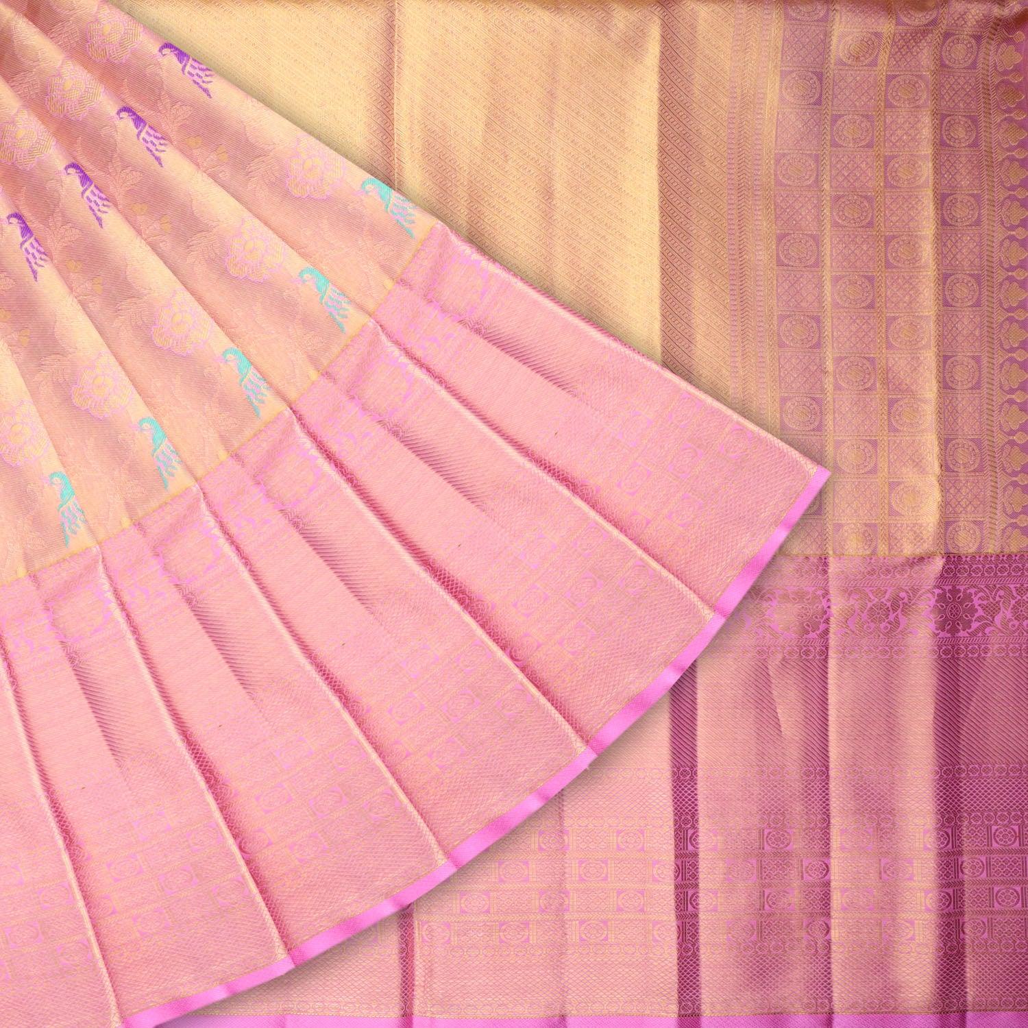 light pink gold tissue kanjivaram silk saree with floral and bird pattern