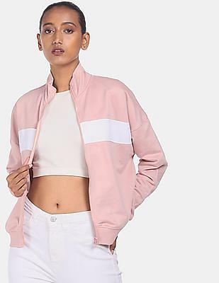 light pink high neck zip-up contrast panel sweatshirt