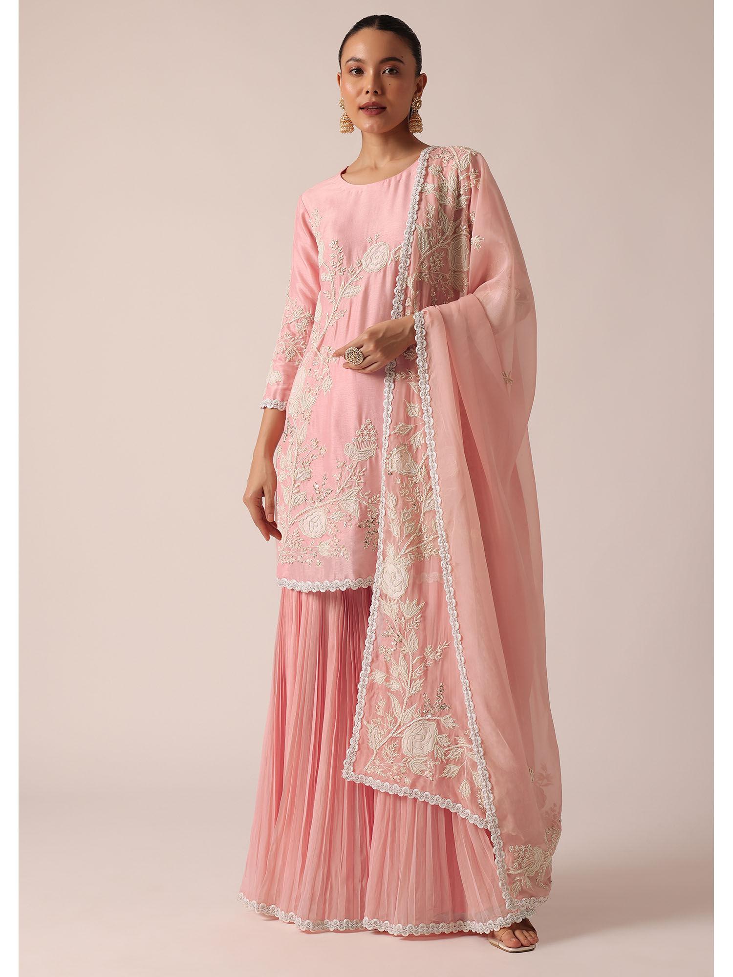light pink kurta and sharara in chanderi silk (set of 3)