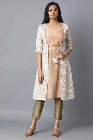 light pink kurta with mock layered jacket