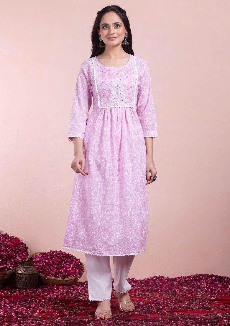 light pink mirror and thread embroidered a-line kurta