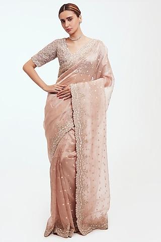 light pink organza embellished saree set