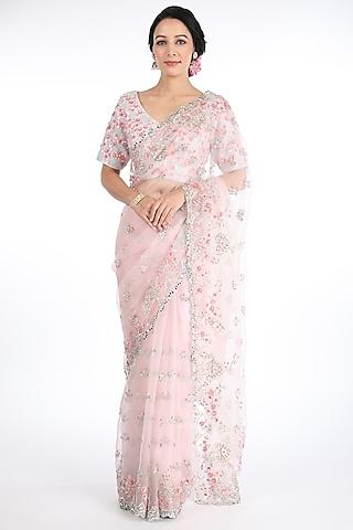 light pink organza embroidered saree set