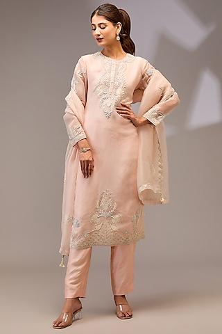 light pink organza hand embellished kurta set