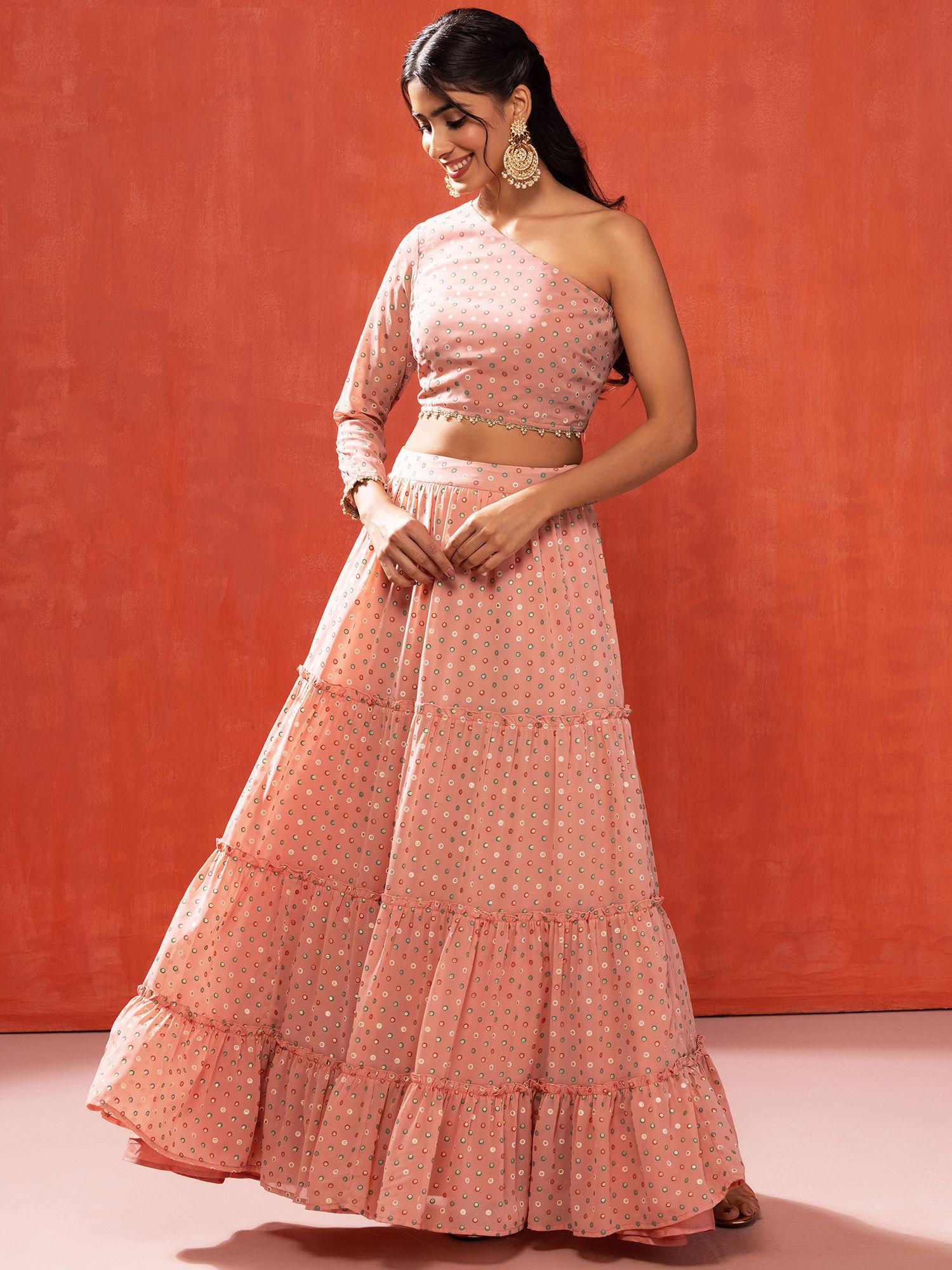 light pink polka foil print tiered lehenga and one shoulder blouse (set of 2)