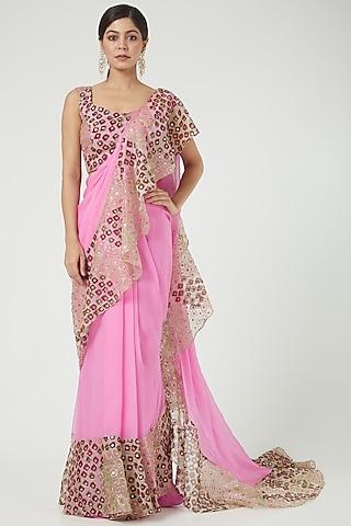 light pink printed & embellished ruffled saree set