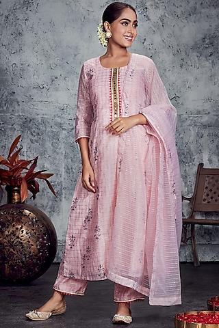 light pink printed & hand embroidered a-line kurta set