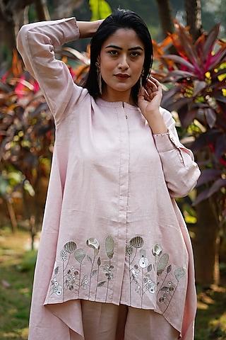 light pink pure linen embroidered high-low tunic