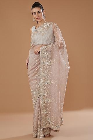 light pink pure organza embellished saree set