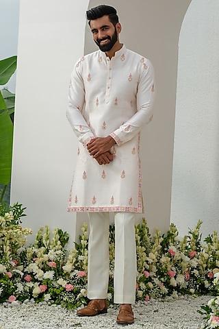 light pink raw silk hand embroidered kurta set