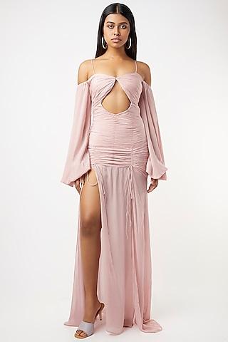 light pink ruched off-shoulder dress