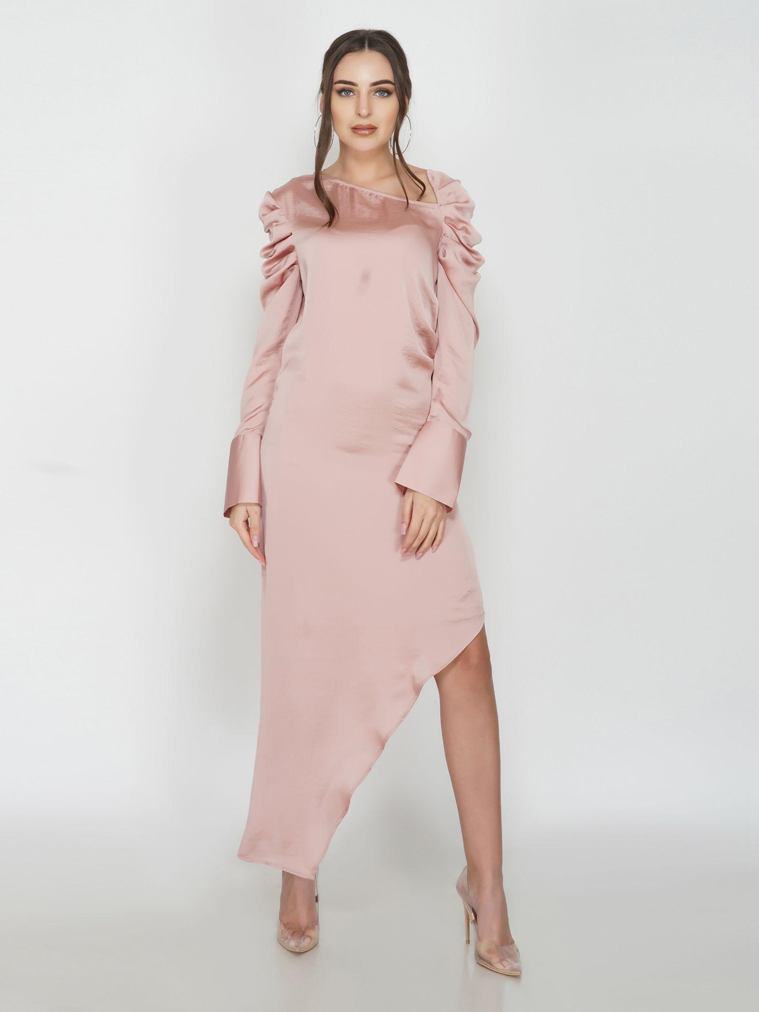 light pink satin asymmetric drape dress