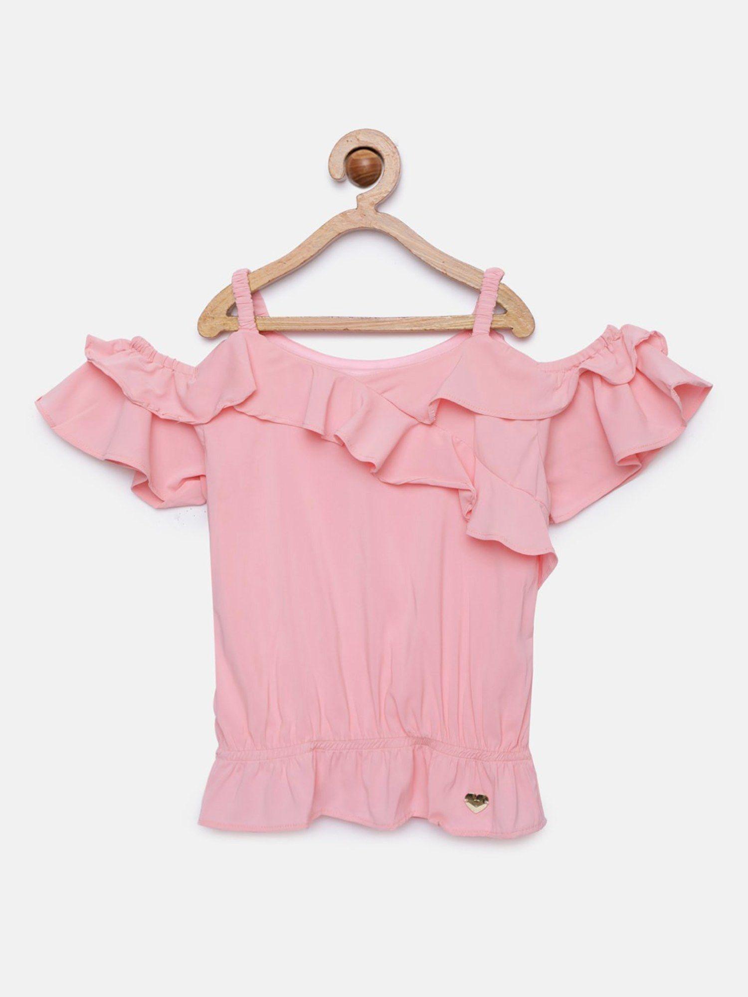 light pink short sleeves studded bird detailing cold shoulder top