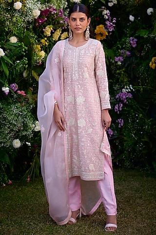 light pink silk chanderi thread embroidered kurta set