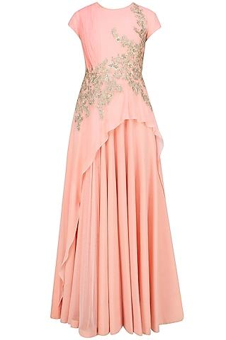 light pink silver thread embroidered drape style anarkali set