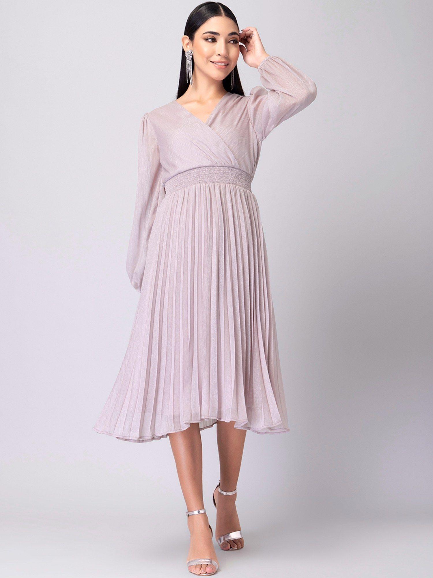 light pink smocked pleated wrap dress