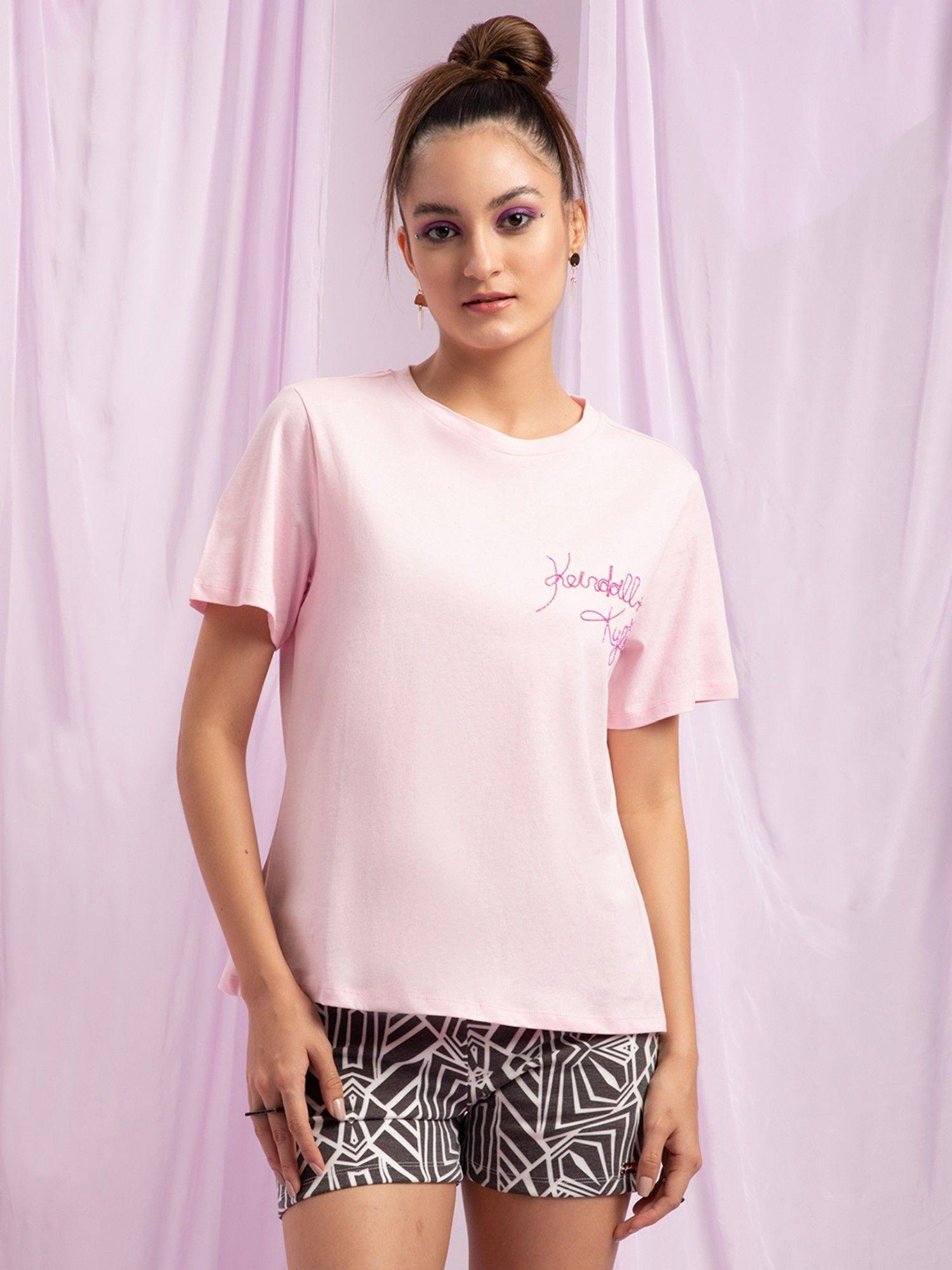 light pink solid round neck t-shirt