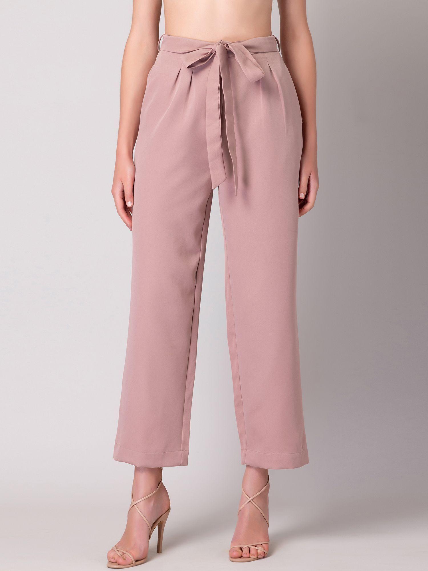 light pink straight fit trousers with self fabric belt (set of 2)