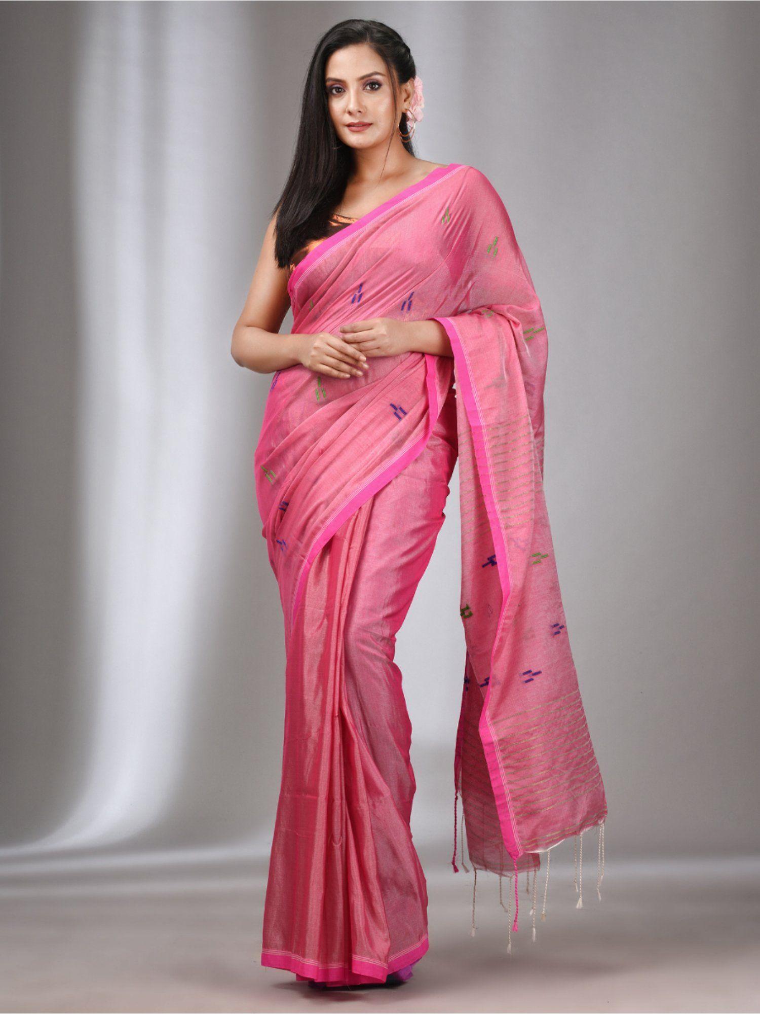 light pink tissue cotton handspun handwoven soft saree with stripes pallu with unstitched blouse