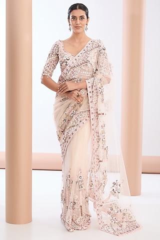 light pink tulle net & crepe crystal embellished saree set