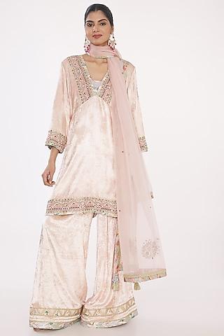 light pink velvet hand embroidered kurta set