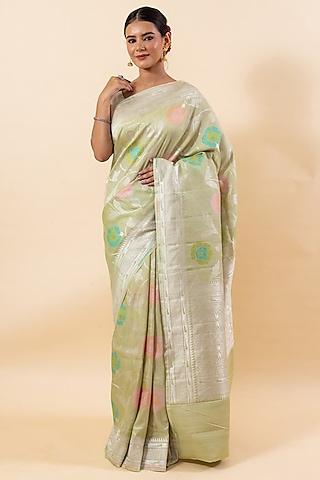 light pista green pure tussar silk embroidered saree set