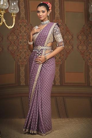 light purple georgette gota & badla embroidered saree set