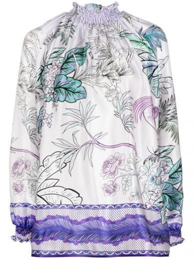 light purple high neck printed silk blouse