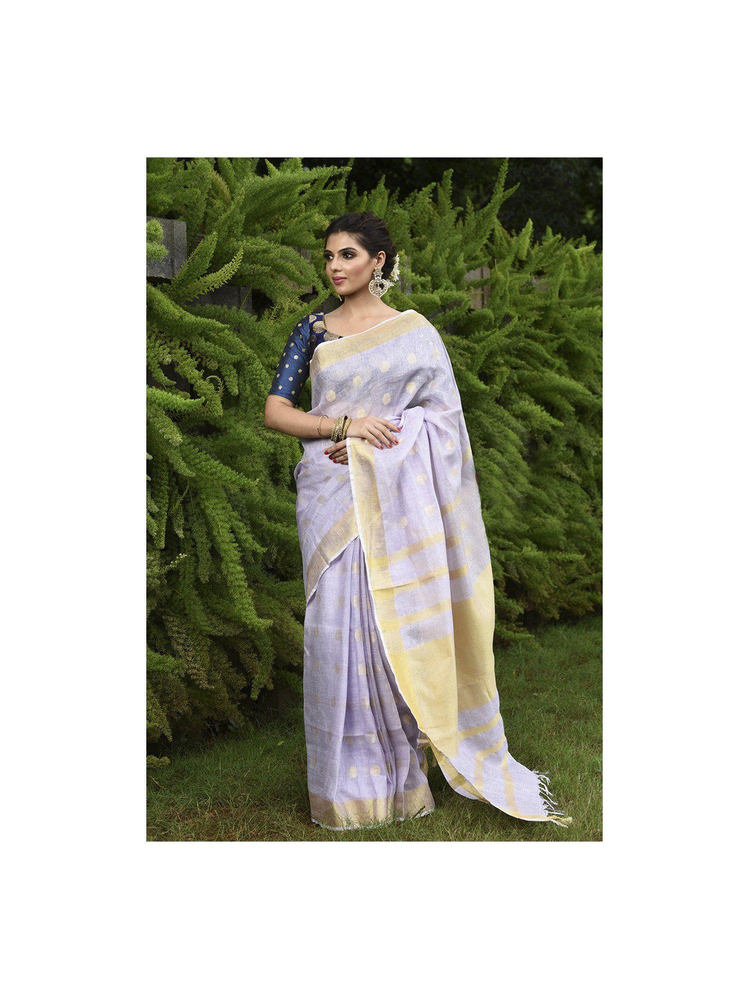 light shade lavender linen saree with unstitched blouse gold tone border