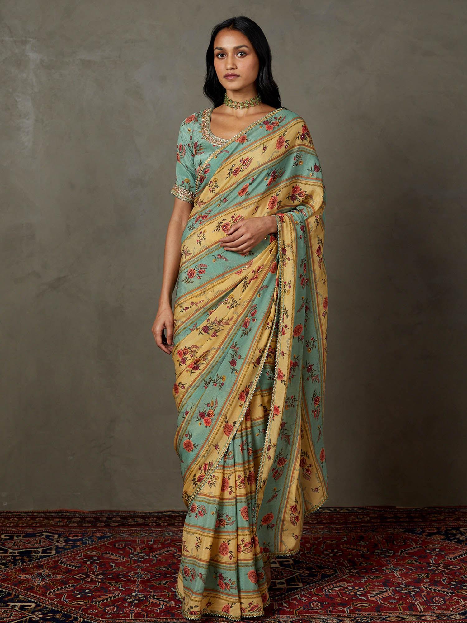 light teal & sand mukesh zardozi printed dahlia saree with unstitched blouse