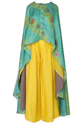 light teal jaal print asymmetrical cape with yellow pleated pants