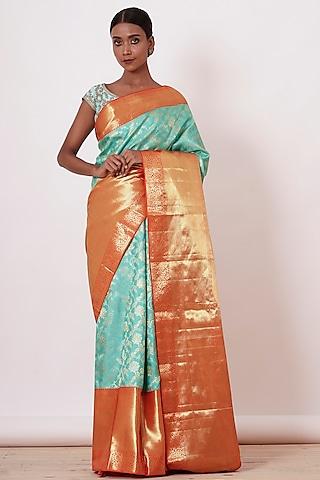 light turquoise embroidered handwoven saree set
