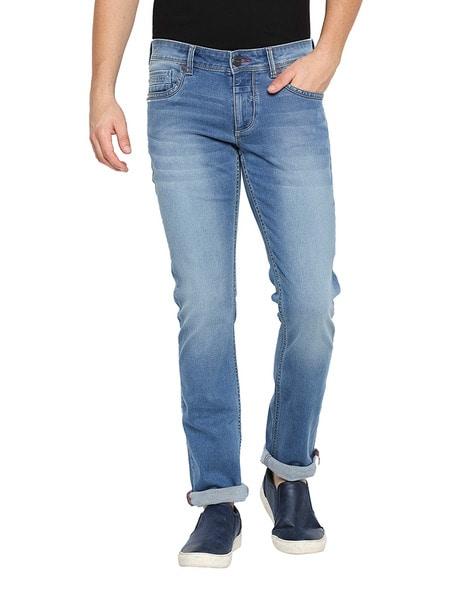 light-wash slim jeans with 5-pocket styling