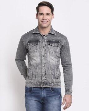 light-wash bikers jacket with pockets