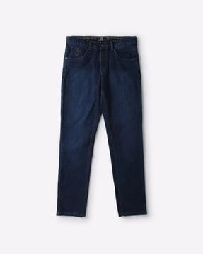 light-wash flat-front jeans