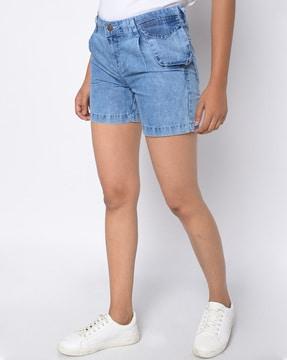 light-wash pleat-front denim shorts