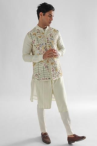 light yellow bamberg silk embroidered nehru jacket