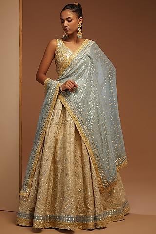 light yellow banarasi & slub silk embroidered lehenga set