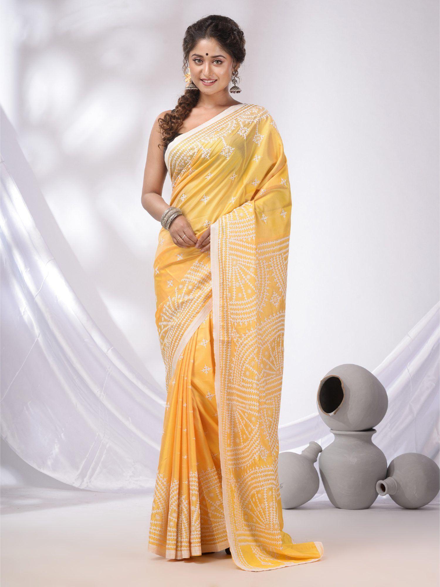 light yellow blended silk kantha stitch handwoven saree with unstitched blouse