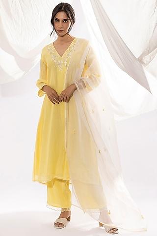 light yellow chanderi mul chikankari embroidered kurta set