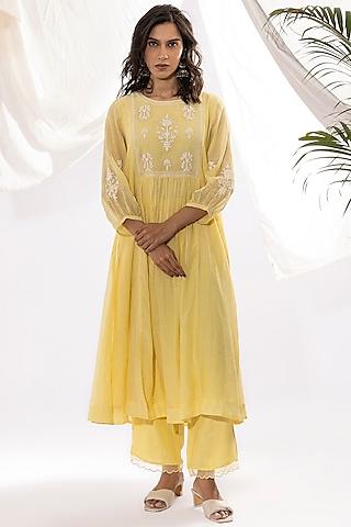 light yellow chanderi mul polka dot printed & embroidered kurta set